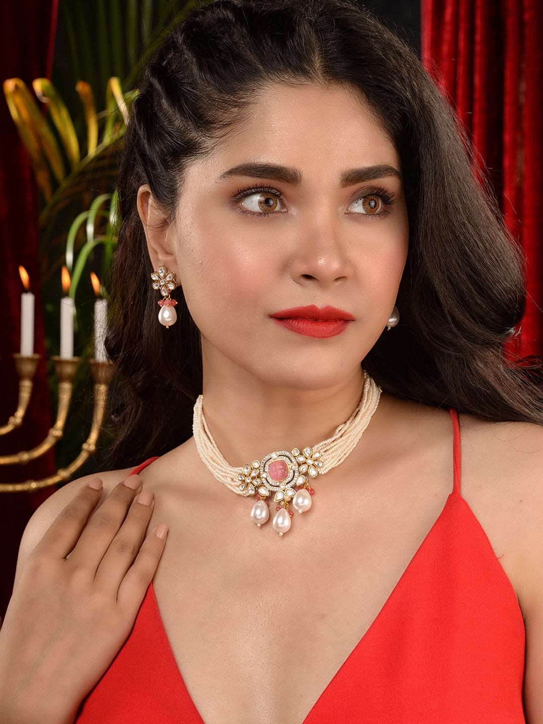 Gold Plated AD Studded Kundan natural Pearl beaded Choker Jewellery Set, zaveri pearls, sale price rs, sale price, sale gold plated, sale gold, sale, rubans, ring, regular price, priyassi jew